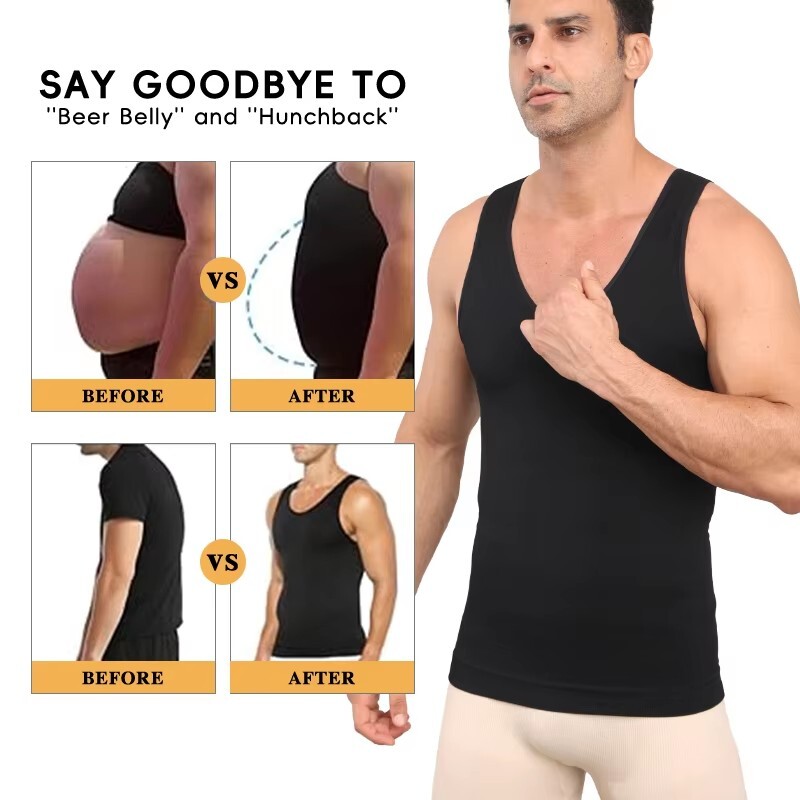 Men Compression Shirt Slimming Body Shaper Vest Waist Traner Cross Tummy Control