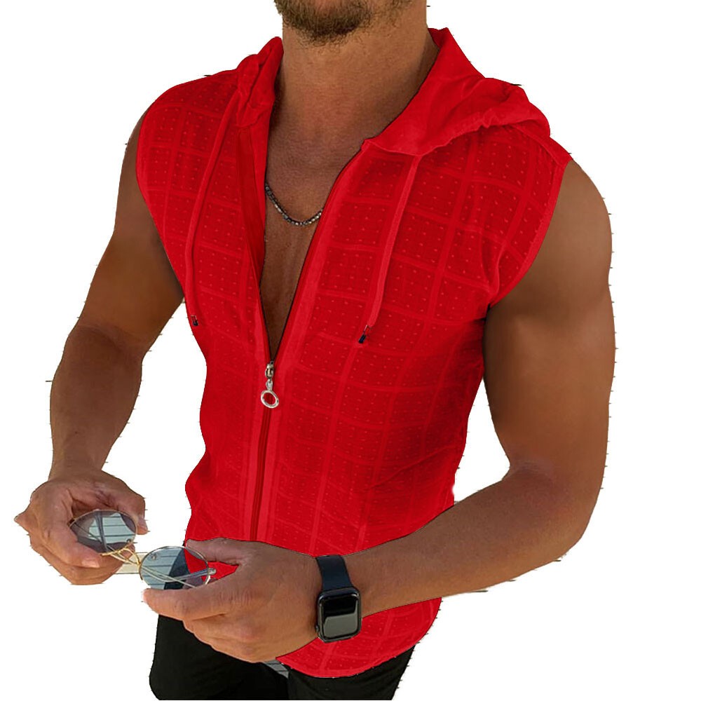 Men Zip-up Hoodie Tank Tops Gym Workout Bodybuilding Sleeveless Casual Vest