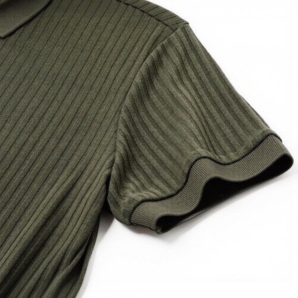 Short Sleeve Ribbed Knit Button Up Shirt for Men Lapel Collar Summer Ready