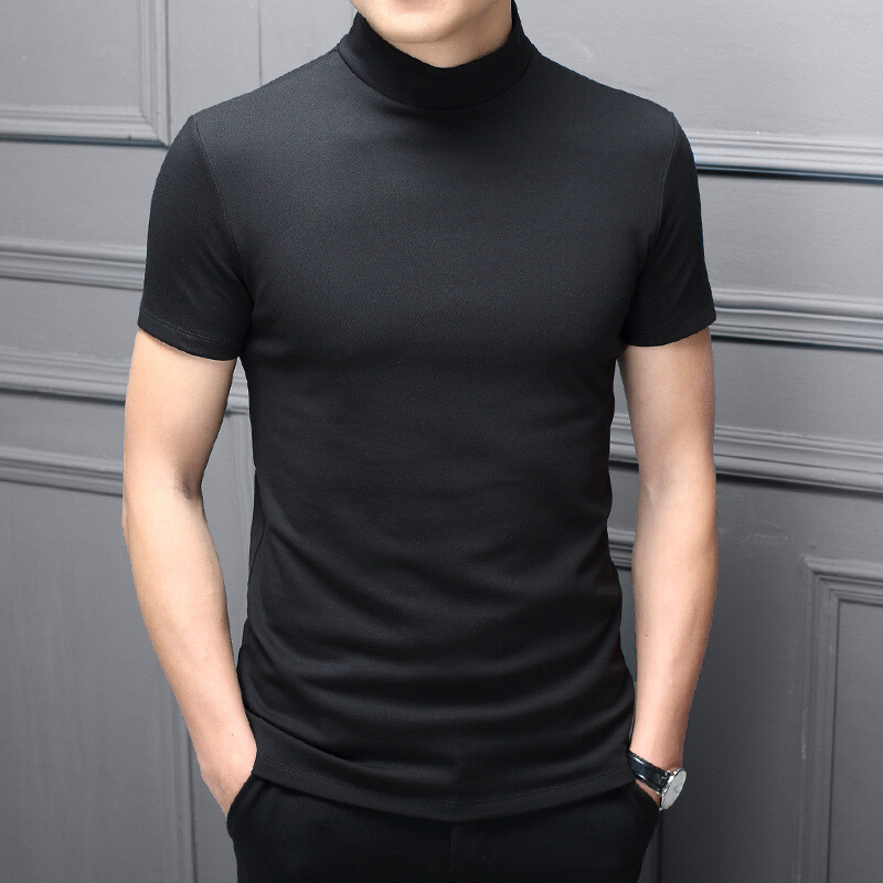 Mens High Neck T Shirt Stretch Turtle Casual Short Sleeve Slim Top