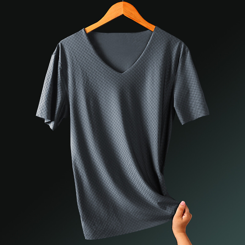 Men’s Undershirts Ice Silk T-Shirt Short Sleeve Seamless V-Neck Short Shirt
