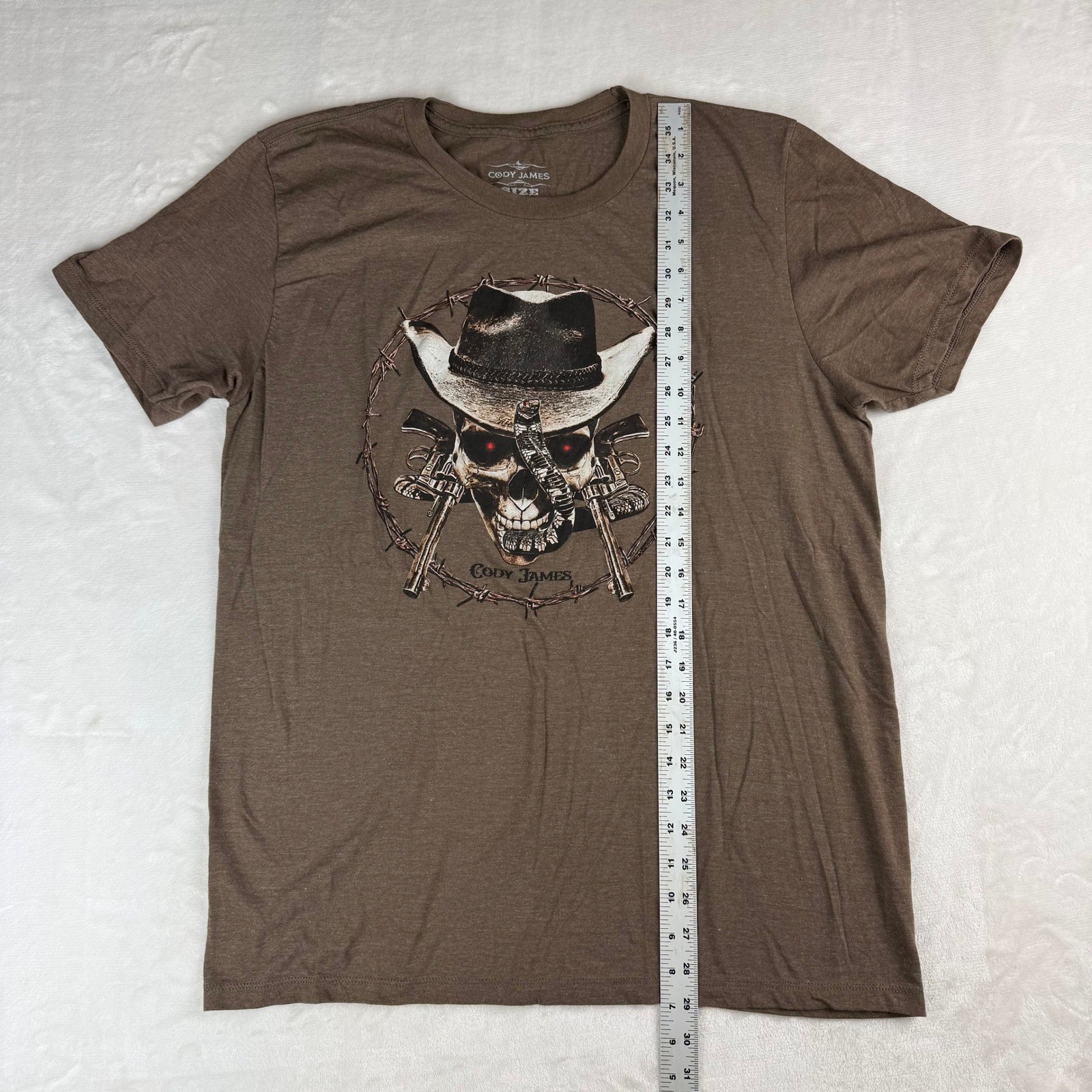 Cody James Graphic Tee Mens L Brown Skull Cowboy Hat Snake Barbed Wire