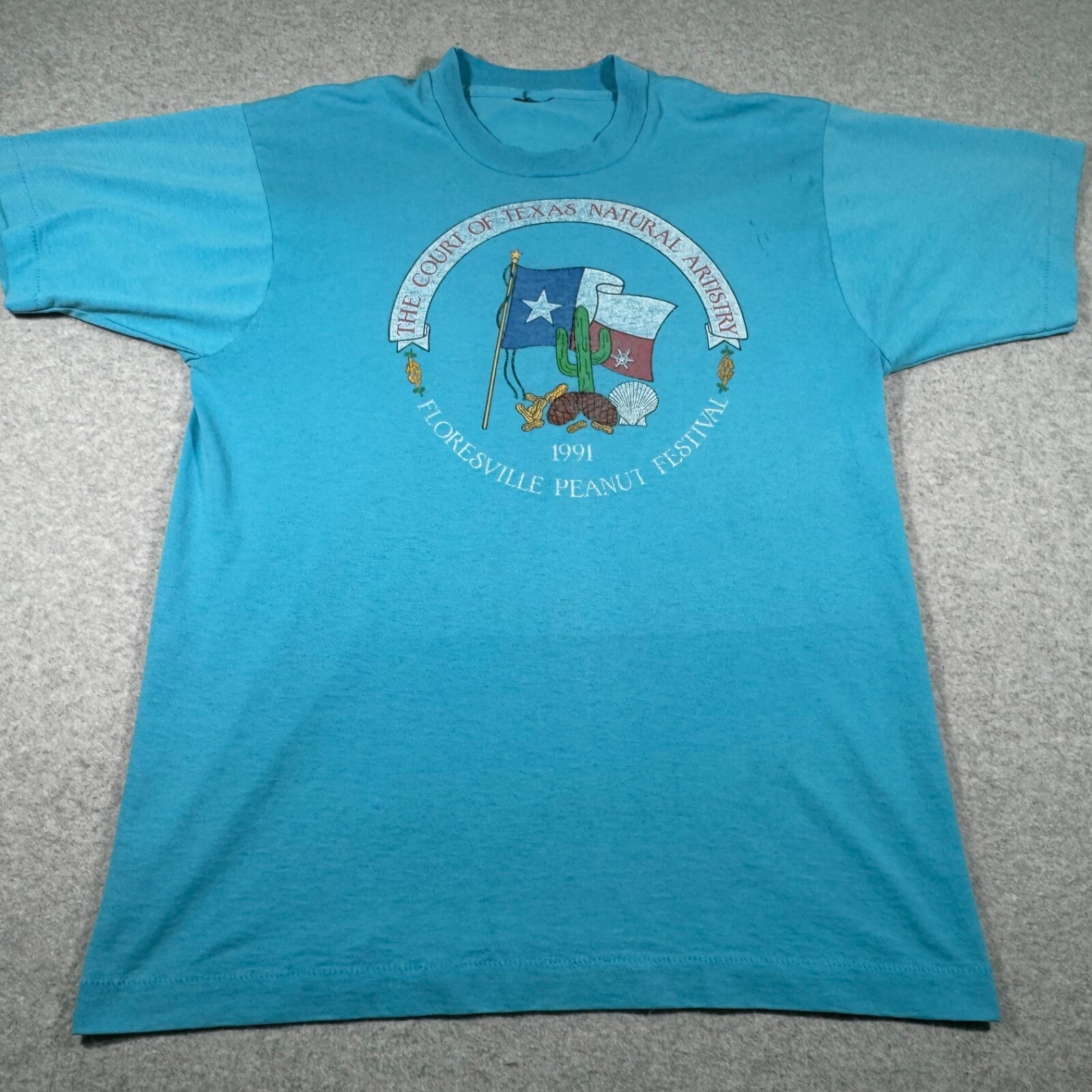 Vintage Floresvile Texas Shirt Adult Medium Turquoise Peanut Festival Mens 90s