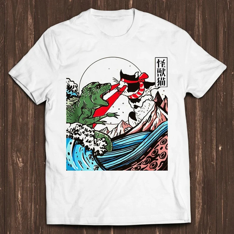 Horror Dinosaur Cat The Great Wave Off Kanagawa Catzilla Ocean Meme Gamer Funny