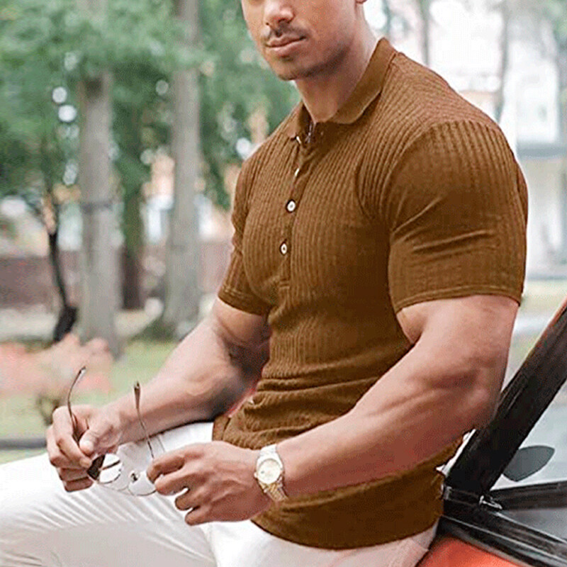 Men Ribbed Muscle Stretch Slim Fit Short Sleeve T-Shirt Summer Collar Casual Top