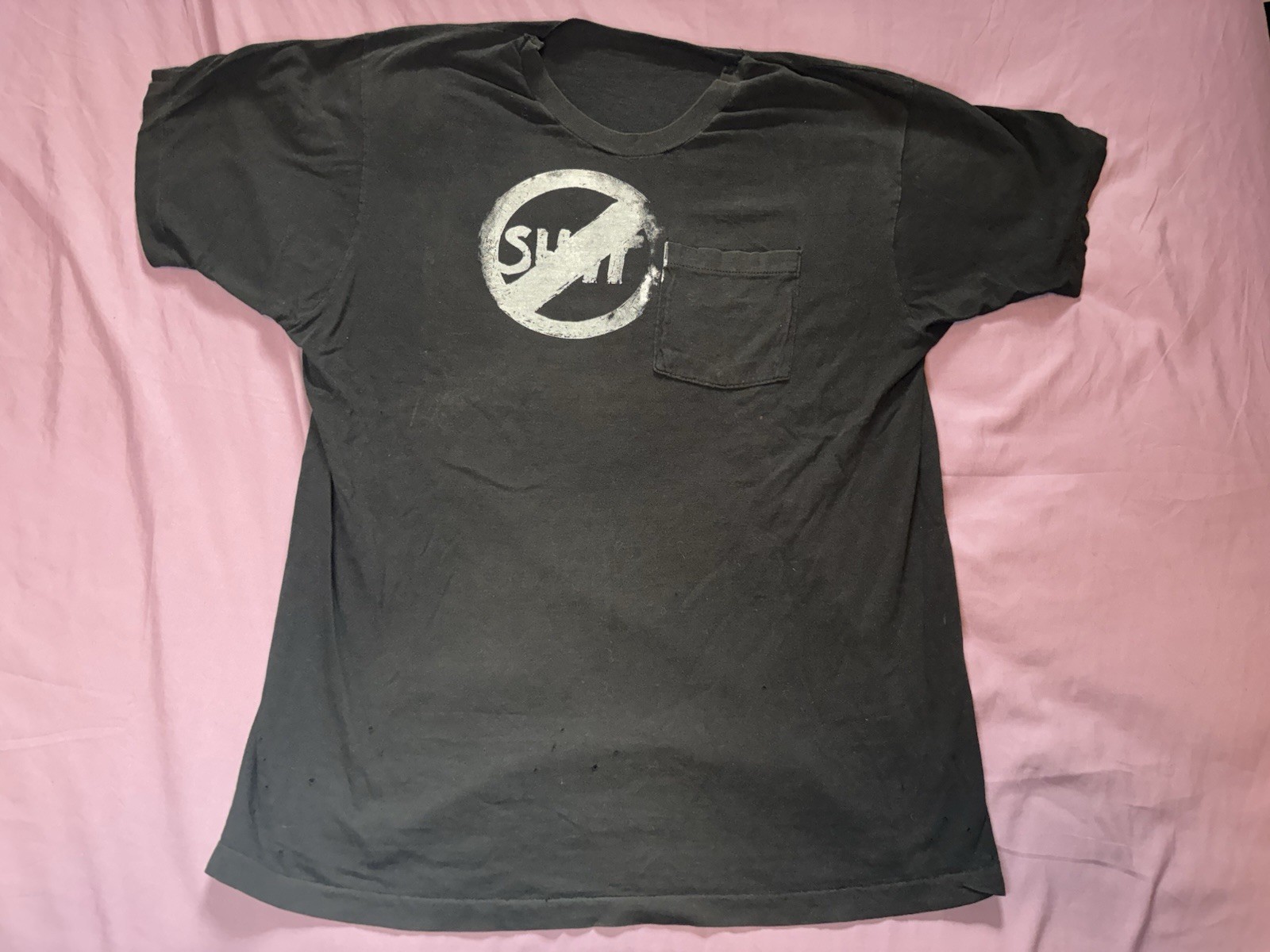 Vintage 80s Selvedge Chest Pocket Tee Shirt Mens Medium Black Thrashed Graphic
