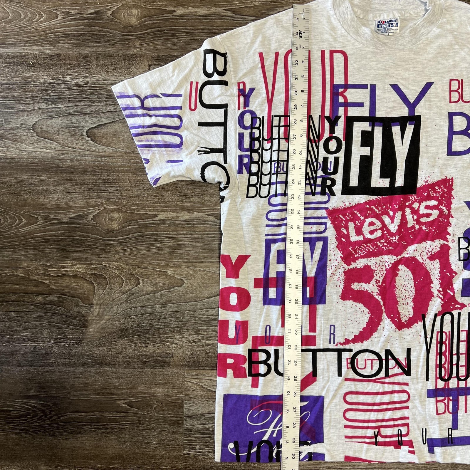 Vintage Hanes Levi’s 501 Button Your Fly Shirt Mens XL All Over 90s Graphic Tee