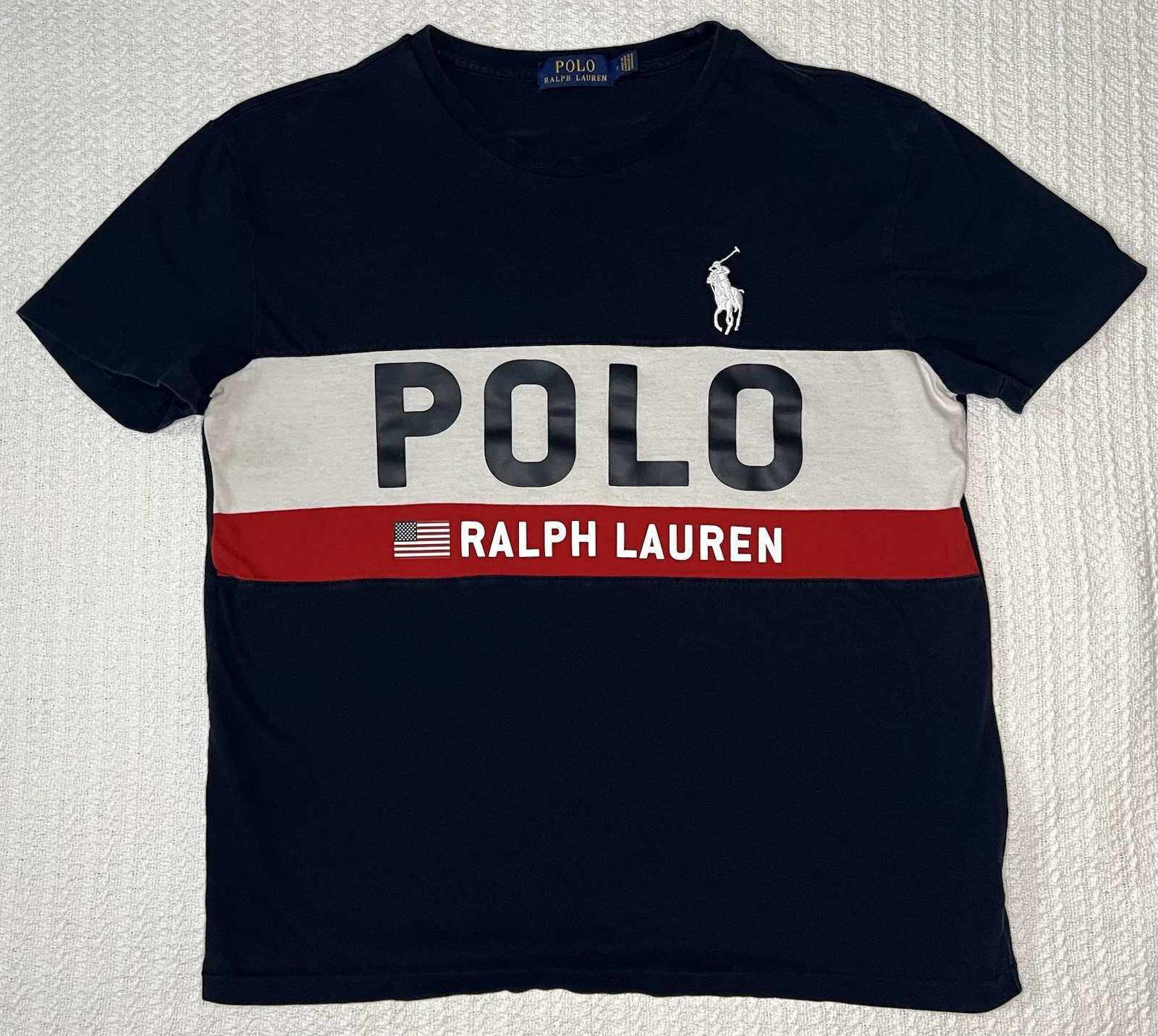 Polo Ralph Lauren Flag Logo Colorblock T-Shirt – Men’s Size M 20” X 24”– Navy