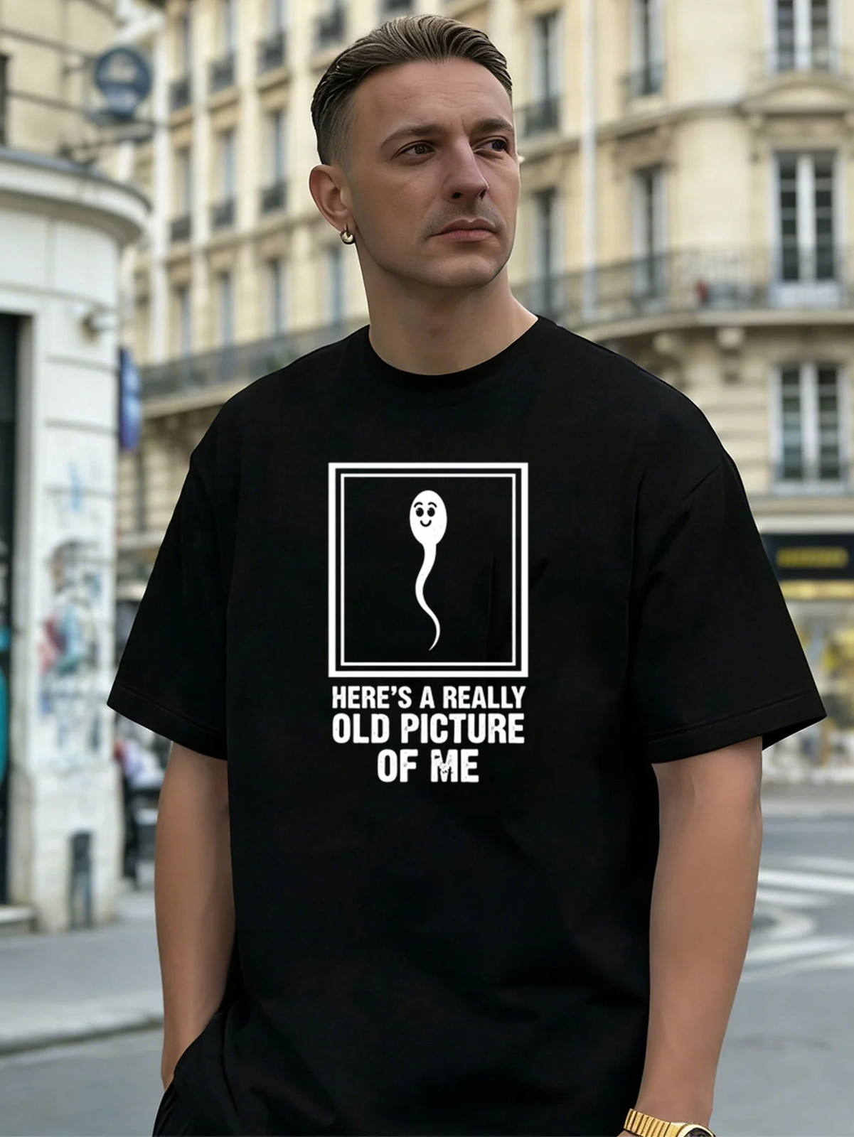 Cartoon Sperm Graphic 100% Cotton Men’s T-Shirt, Suitable for Daily Wear