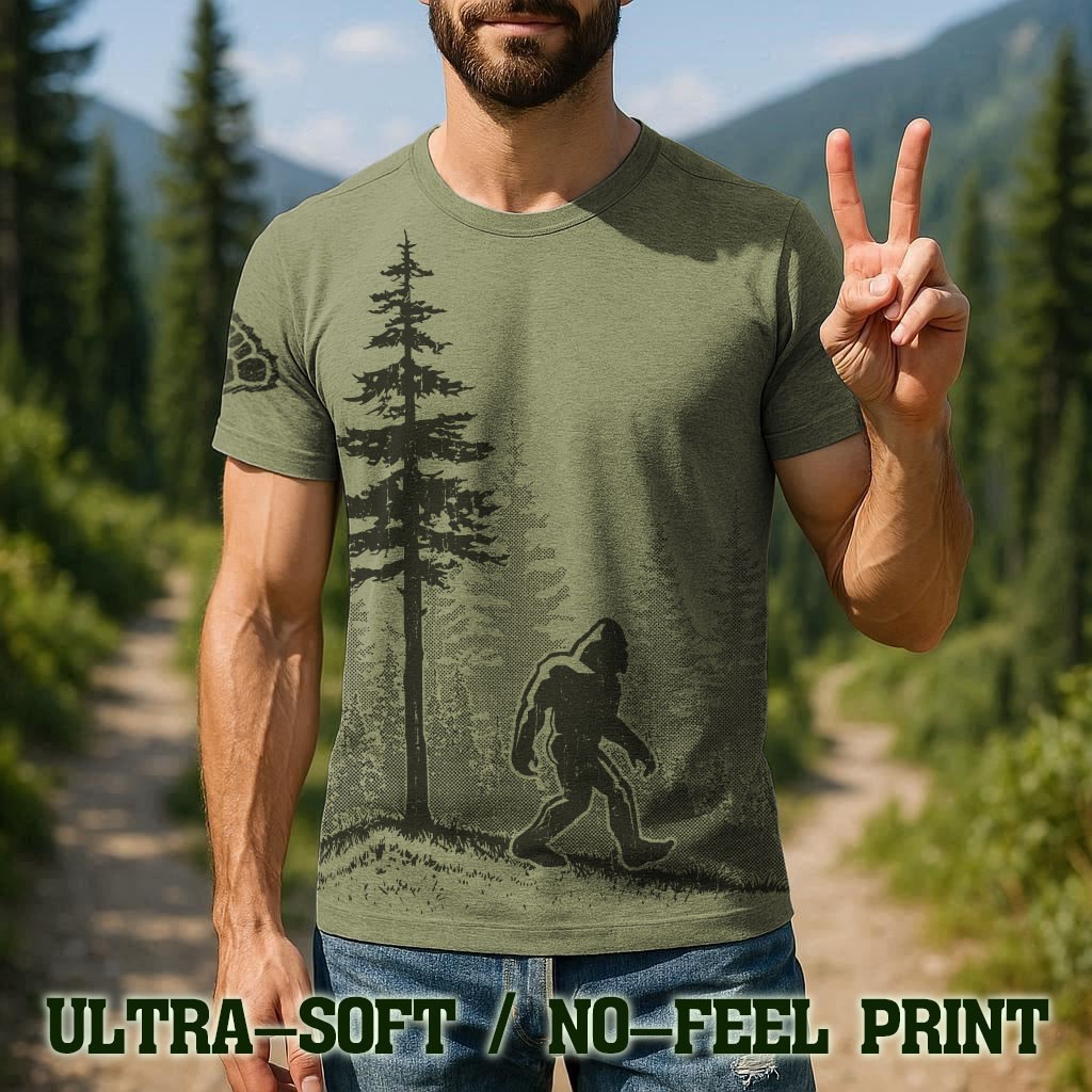 Men’s Bigfoot T Shirt Funny Sasquatch Forest Graphic Tee, No-Feel Print – F001