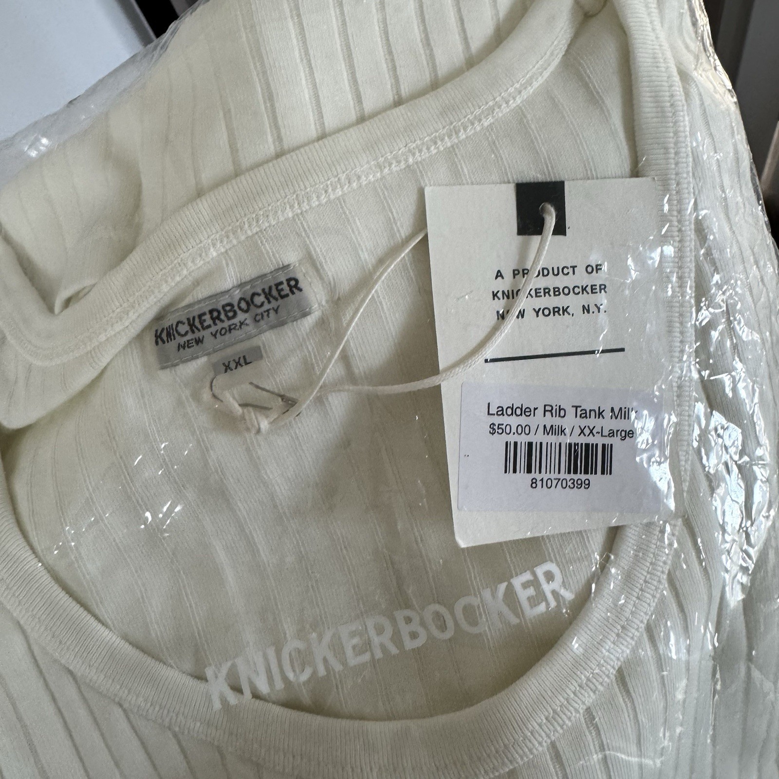Knickerbocker Ladder Rib Tank Scoop Neck Milk Ivory Cotton T-Shirt XXL 2XL NEW