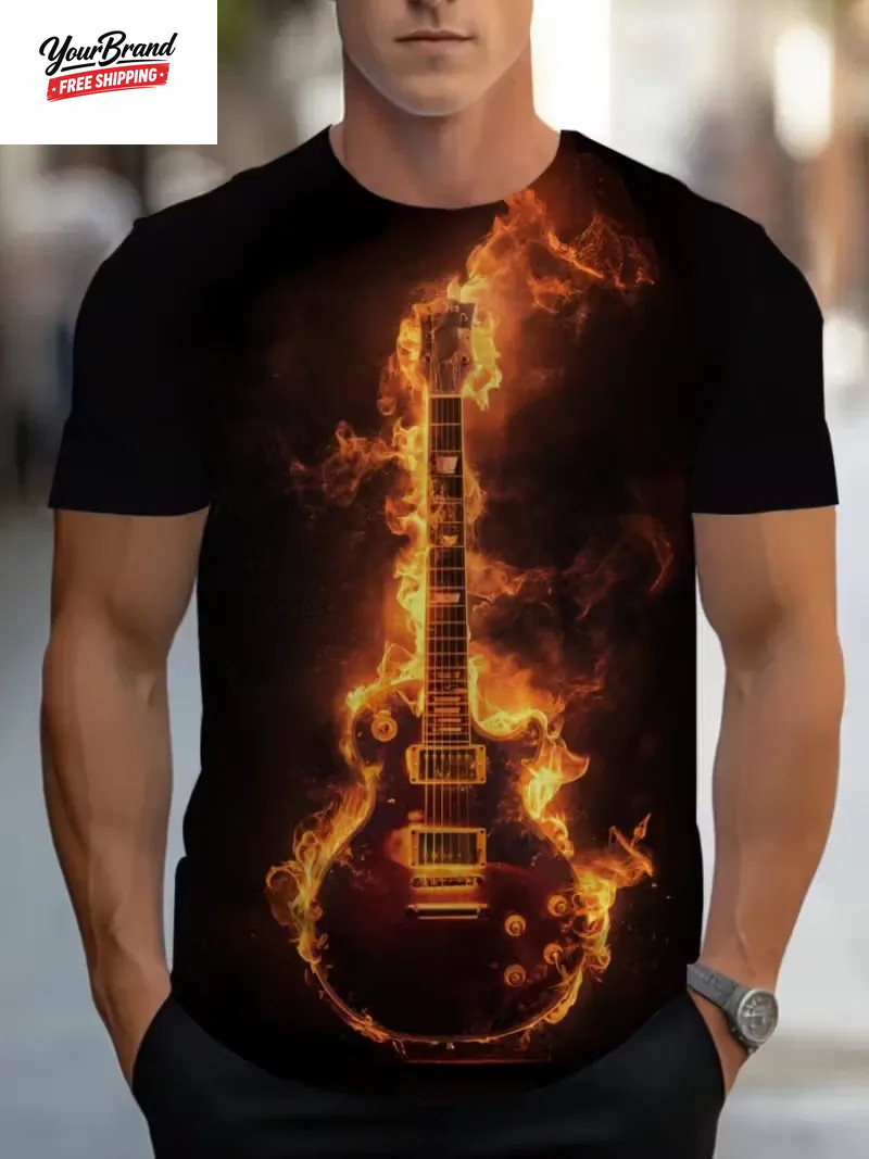 2025 Hip Hop Guitar Graphic T-Shirt for Men Trendy Rock Crew Neck Short Sleeve T