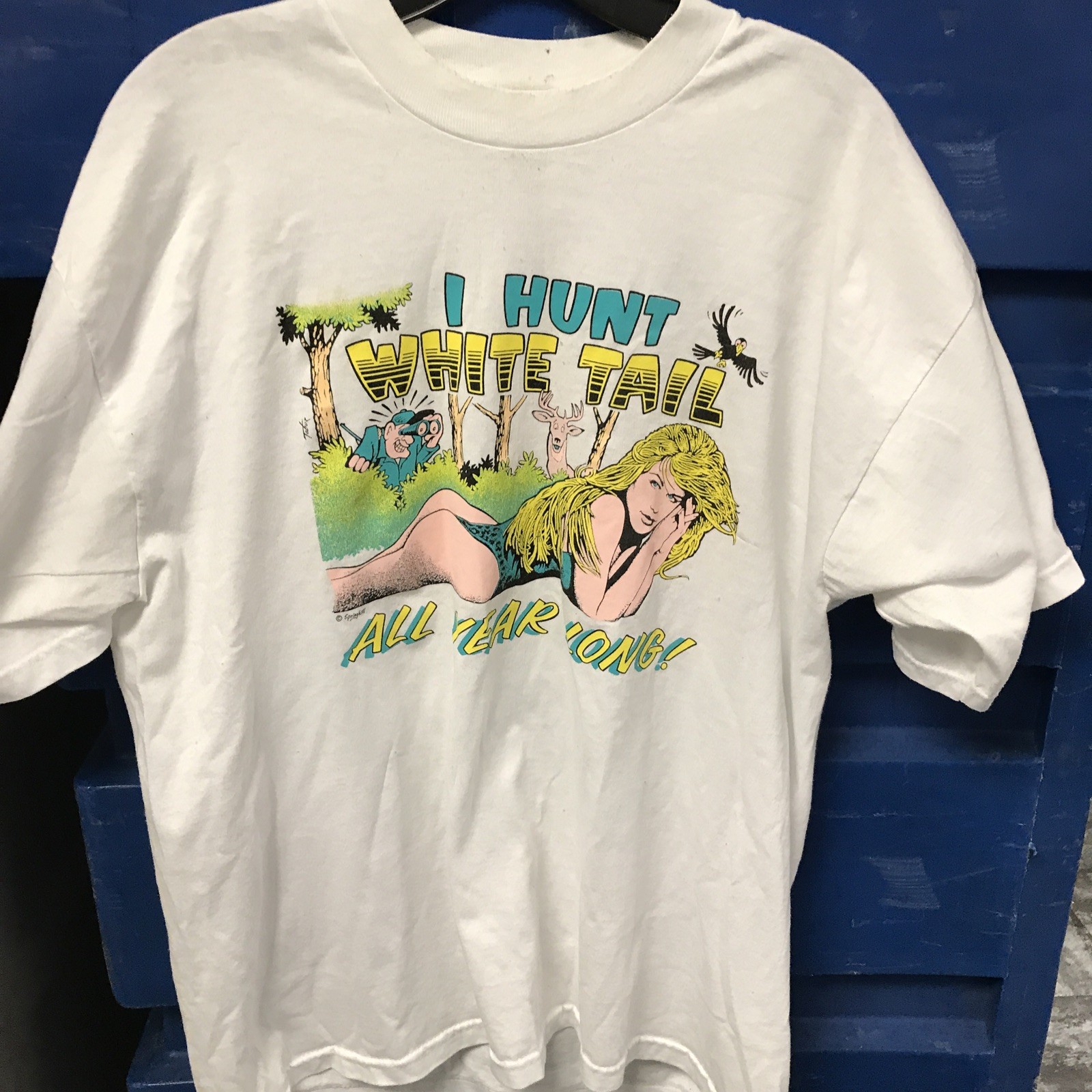 Vtg I HUNT WHITE TAIL ALL YEAR LONG T-SHIRT 1991 PARODY HUNTING DEER FUNNY XL
