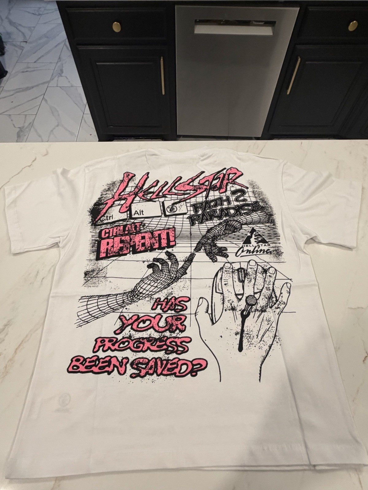 Hellstar Men’s White Graphic Logo Tee “Has Your Progress Been Saved?” M