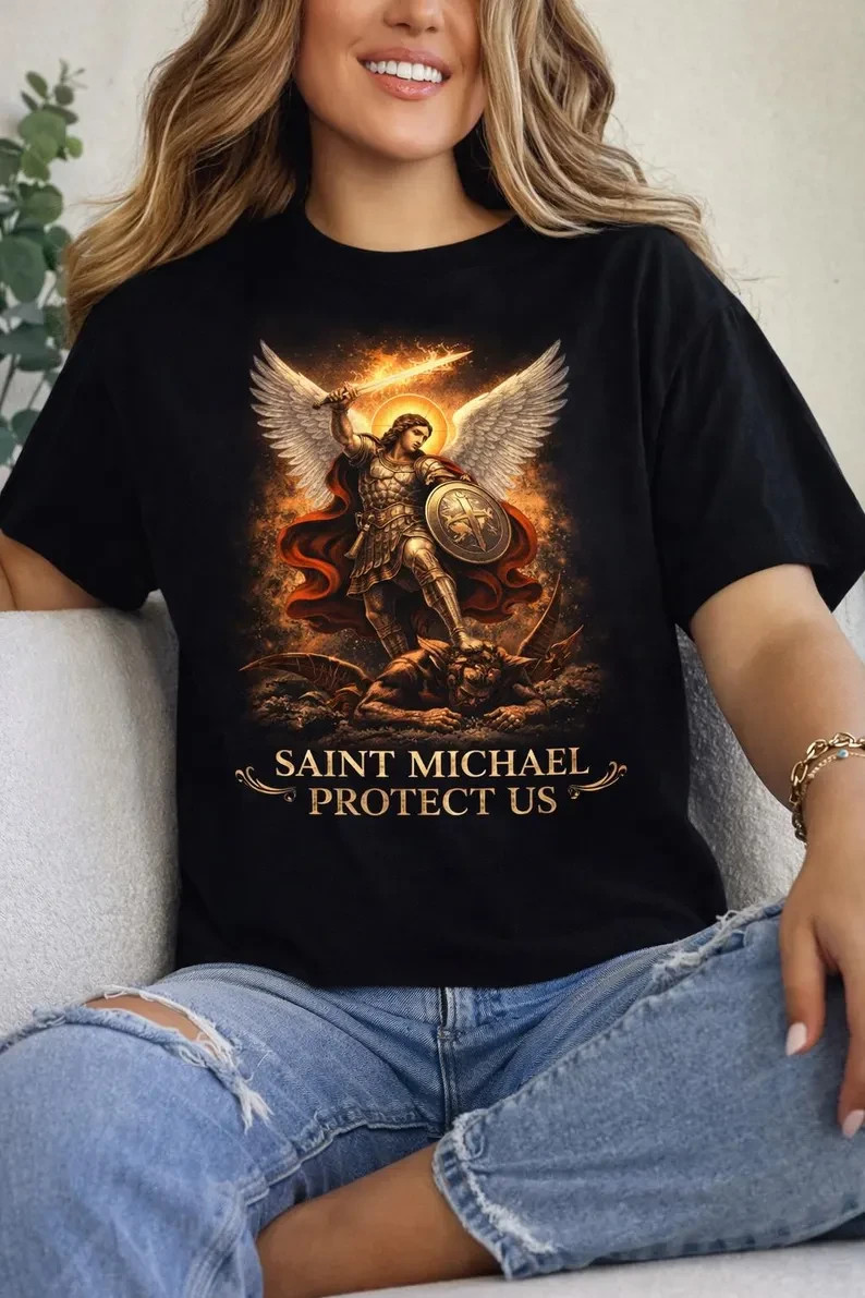 Saint Michael Arcangel T-shirt Burning Owl Graphic Shirt / Saint Michael Tshirt