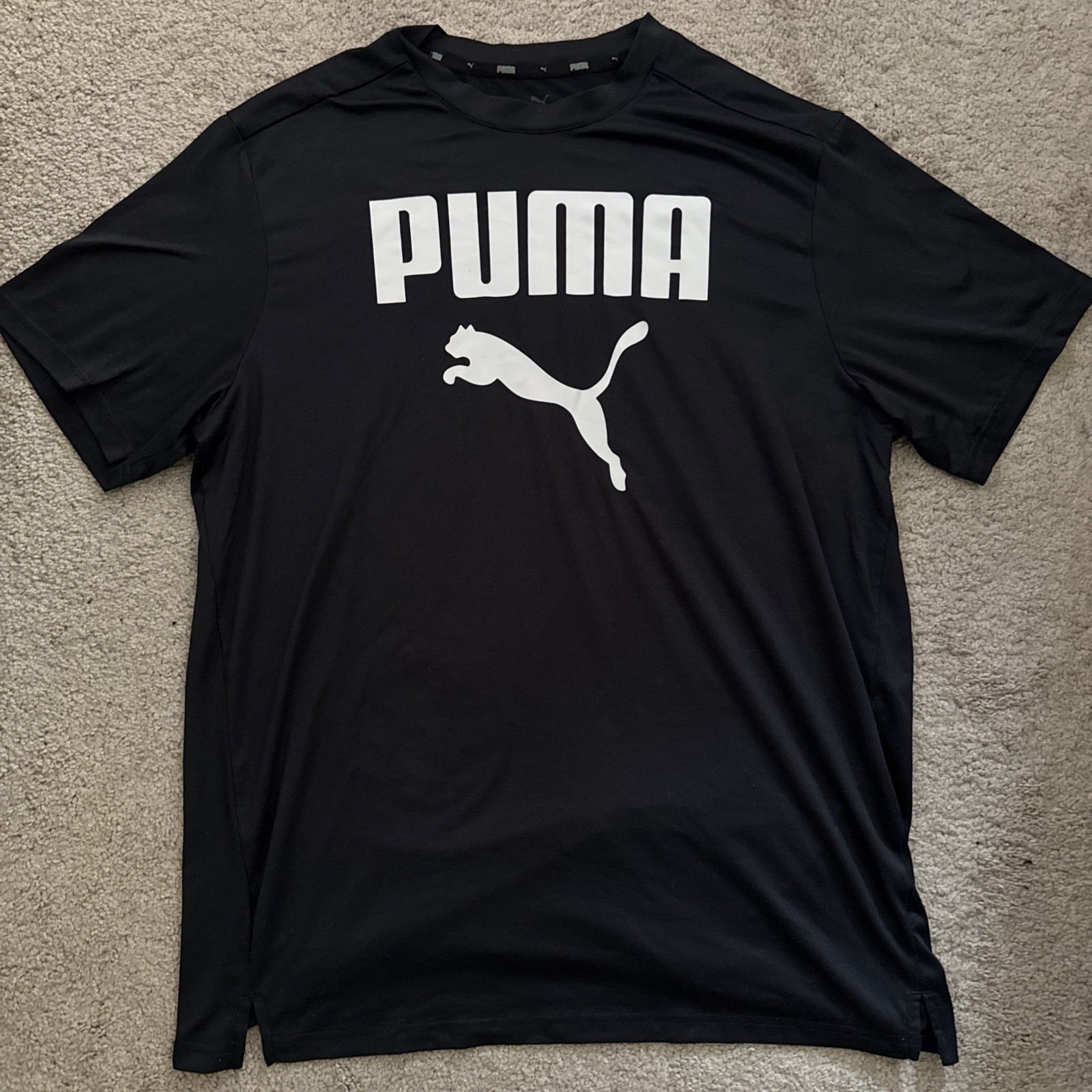PUMA Black T Shirt White Logo Stretch Sweat Proof Forever Better Mens Large L