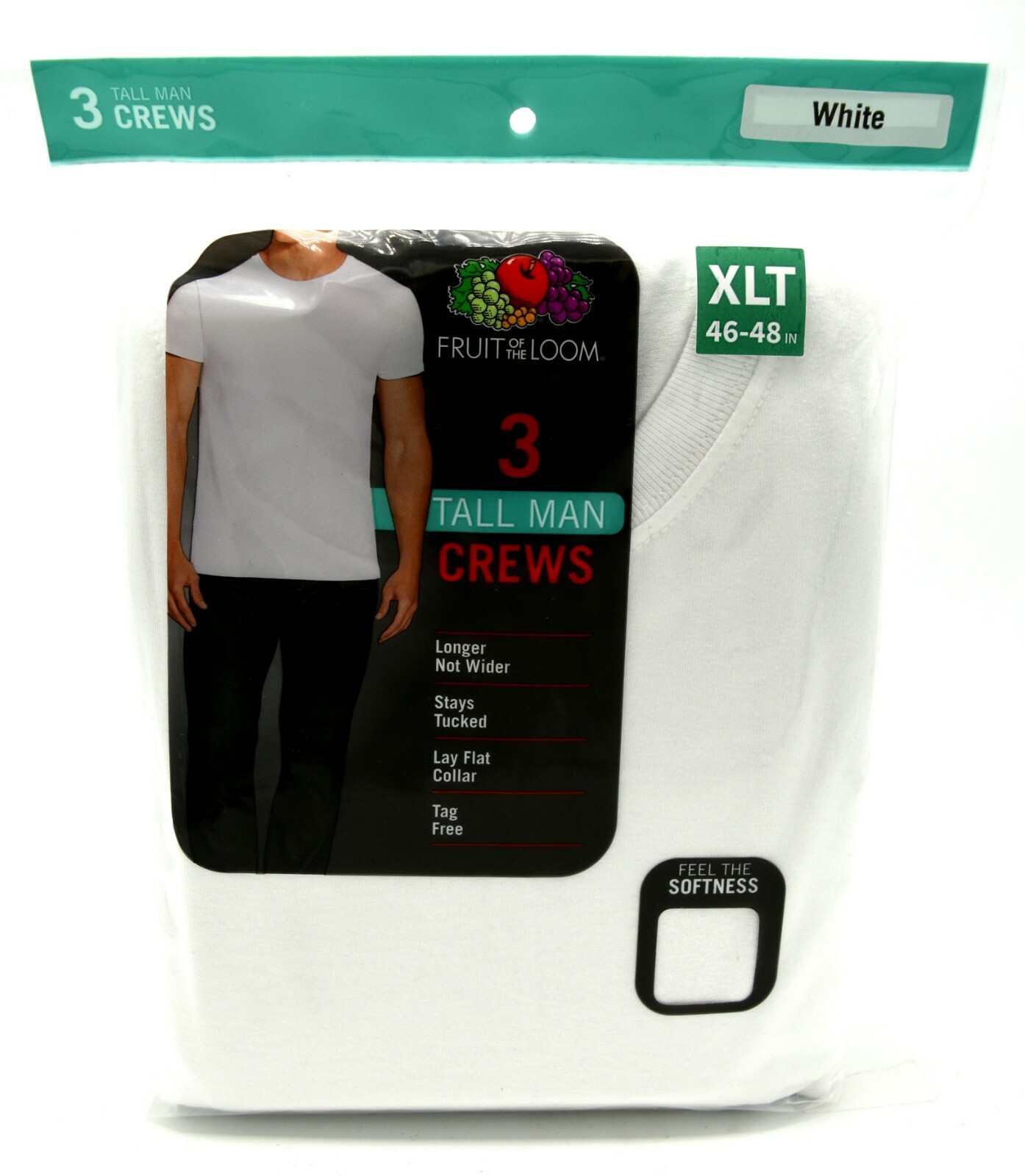 3 White Tall Man XLT 46-48 Inch Crew Neck T-Shirts Fruit Of The Loom 117-122 CM