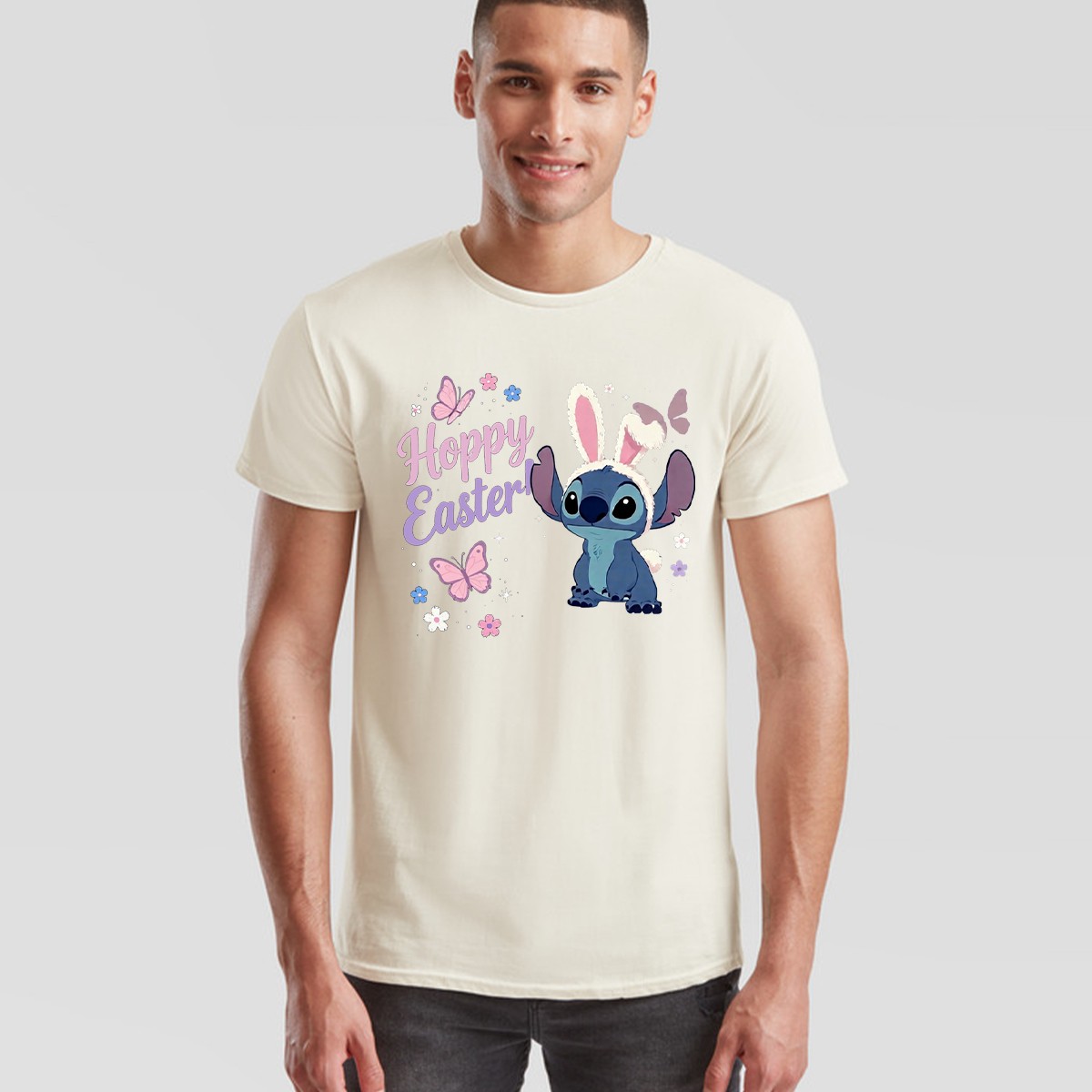 Unisex Blue Alien Hoppy Easter Bunny Butterflies Graphic Cotton Spring T-Shirt
