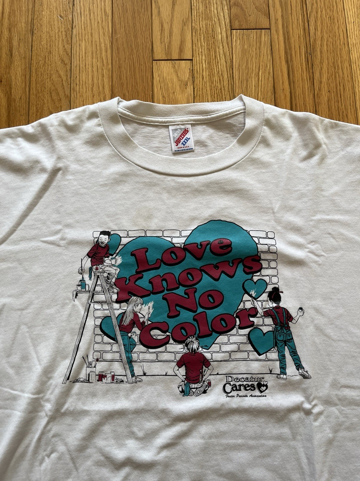VTG Love Knows No Color Decatur Cares Single Stitch T Shirt Teal XXXL USA 90s GA