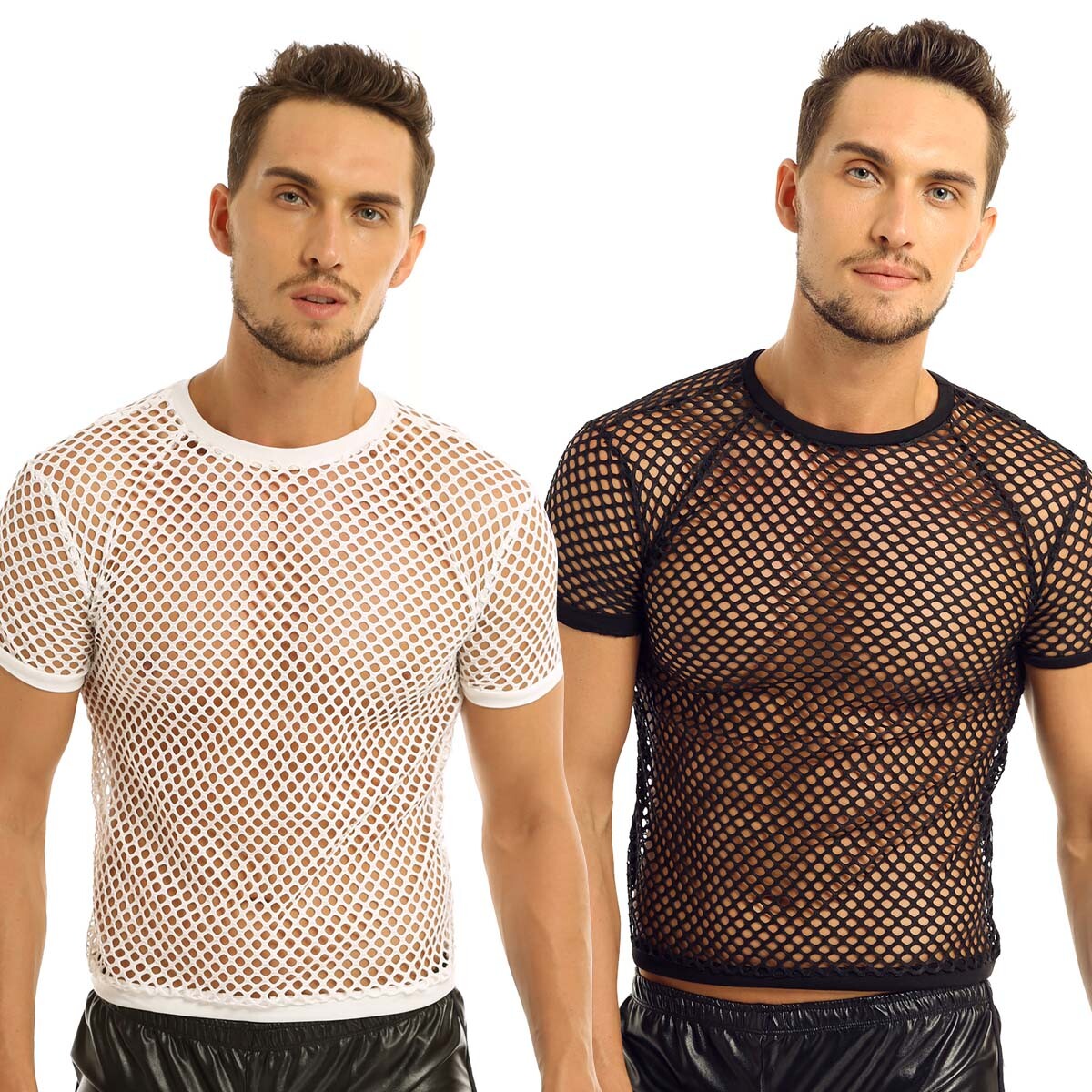 US Mens Sheer Fishnet Mesh See Through Short Sleeve T-Shirt Tank Top Undershirt