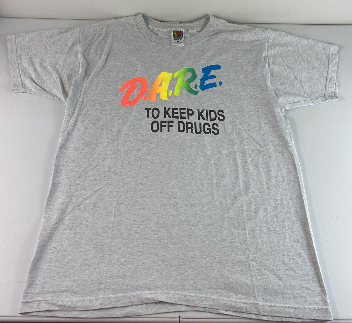 D.A.R.E TO KEEP KIDS OFF DRUGS NEON RAINBOW Gray COTTON T-SHIRT Sz L Large