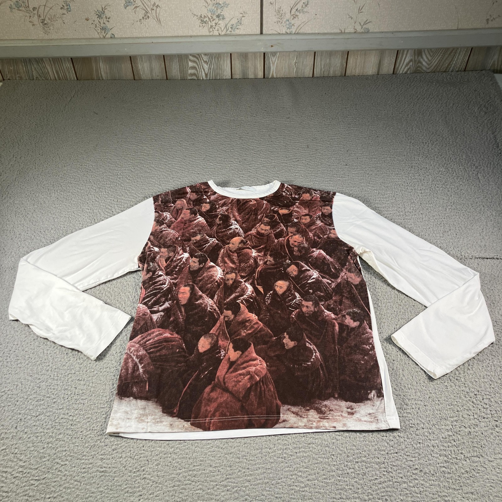 Pollini Art Shirt Mens XL White AOP Crowd Print Made Italy Artistic Graphic Tee