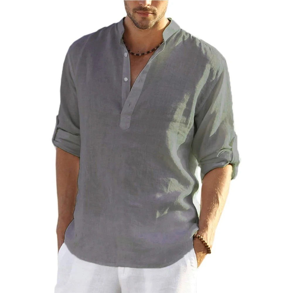 Men’s Cotton Linen Henley Long Sleeve Shirt Casual Beach T-shirt Tee Summer Gift