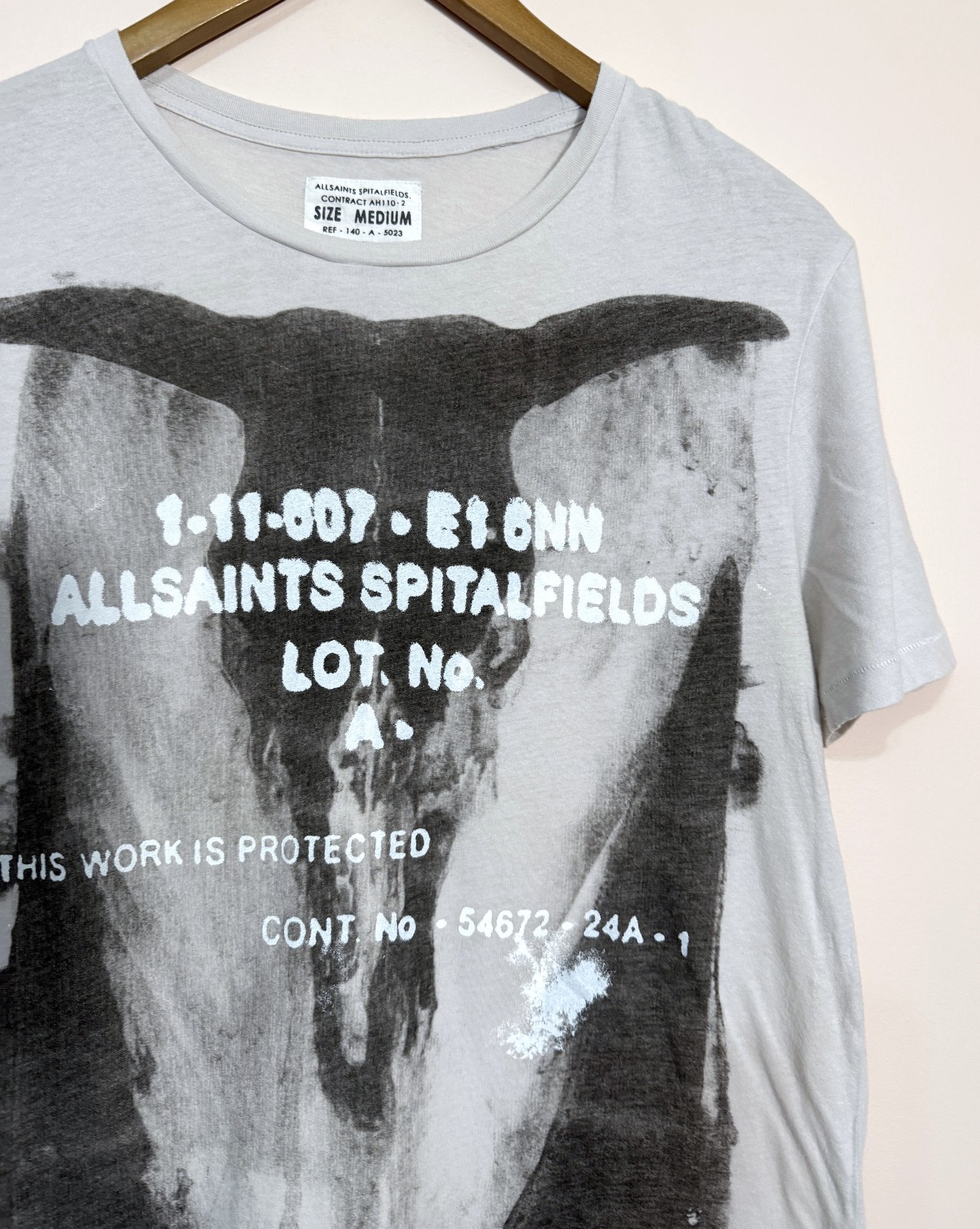 AllSaints Vintage Mens BLEEDING RAMSKULL Crew Neck T Shirt MEDIUM Grey Biker Tee