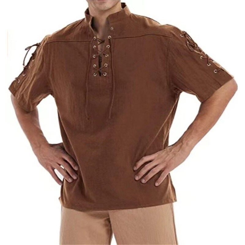 Medieval Pirate Blouse Lace Up Short Sleeve Wide T-Shirt Top
