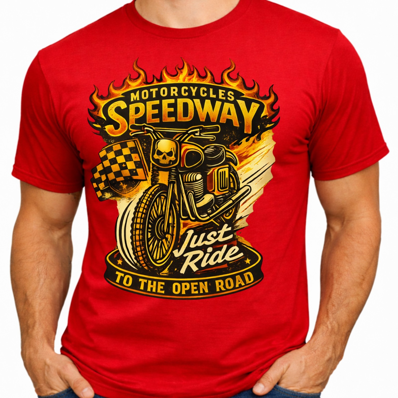 Motorcycle Speedway Just Ride Open Road Flaming Skull Racing Biker T-Shirt.