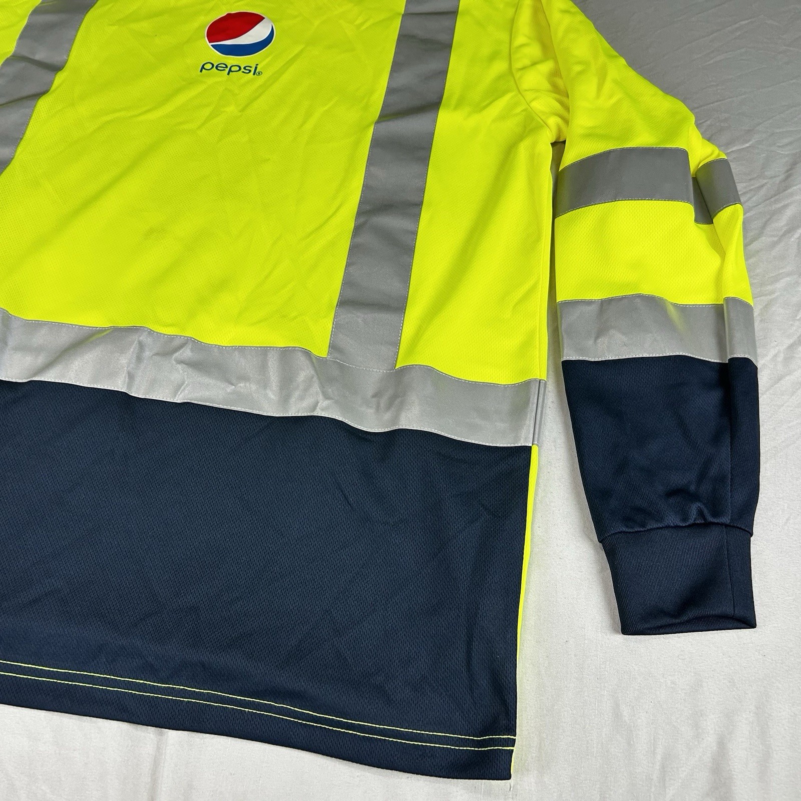 PEPSI Recycled Plastic Long Sleeve T-Shirt Large Reflective Neon Yellow NICE!