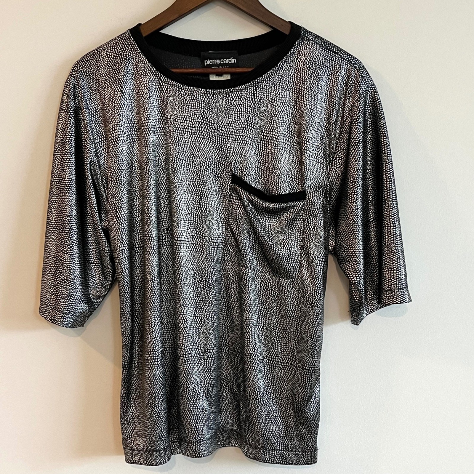 Pierre Cardin Vintage Metallic Silver Black Patterned Pocket Top Mens M USA