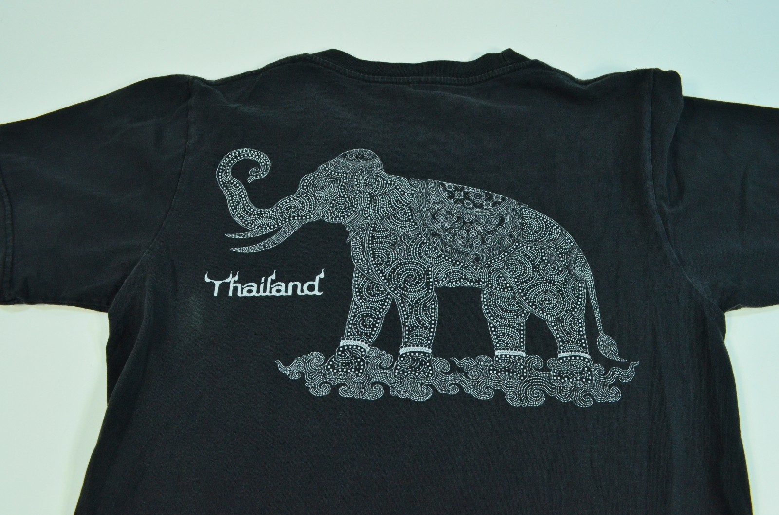 Vintage Thai Thailand Elephant Double Sided 90’s Medium Black Shirt “Beaded Art”