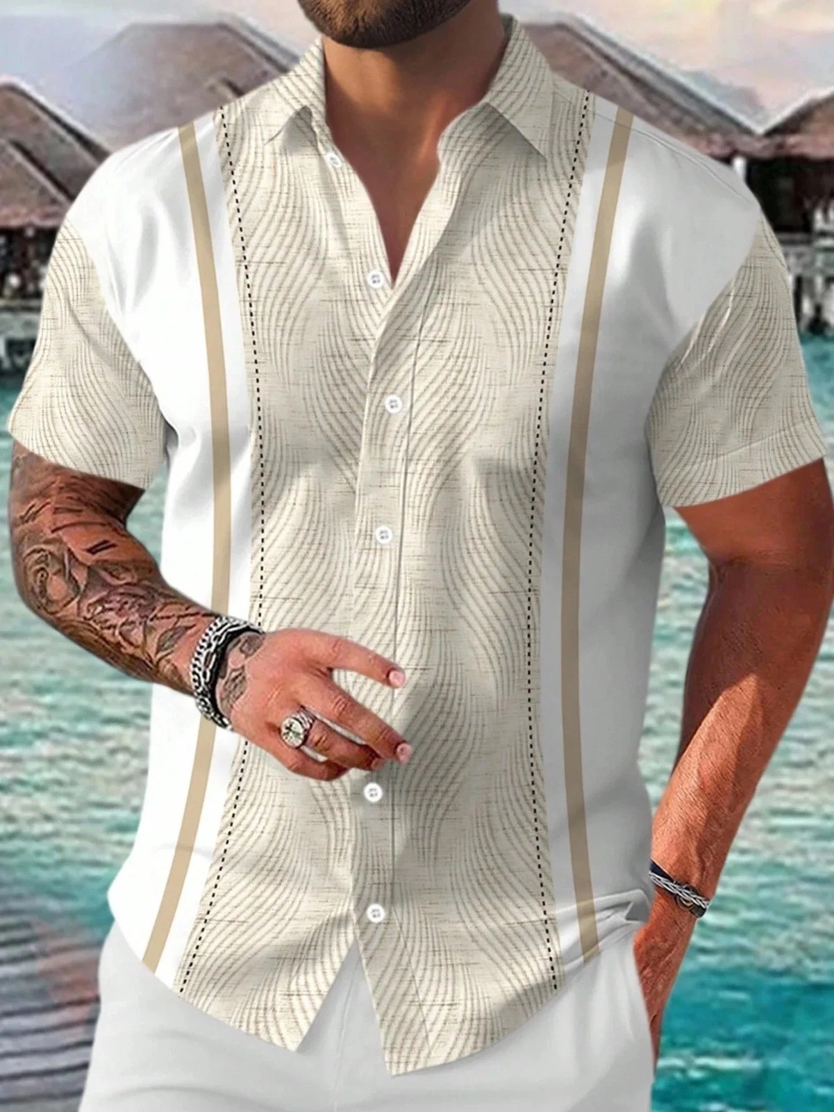 Men’s Casual Short Sleeve Guayabera Cuban Beach Wedding Button-up Dress Shirt