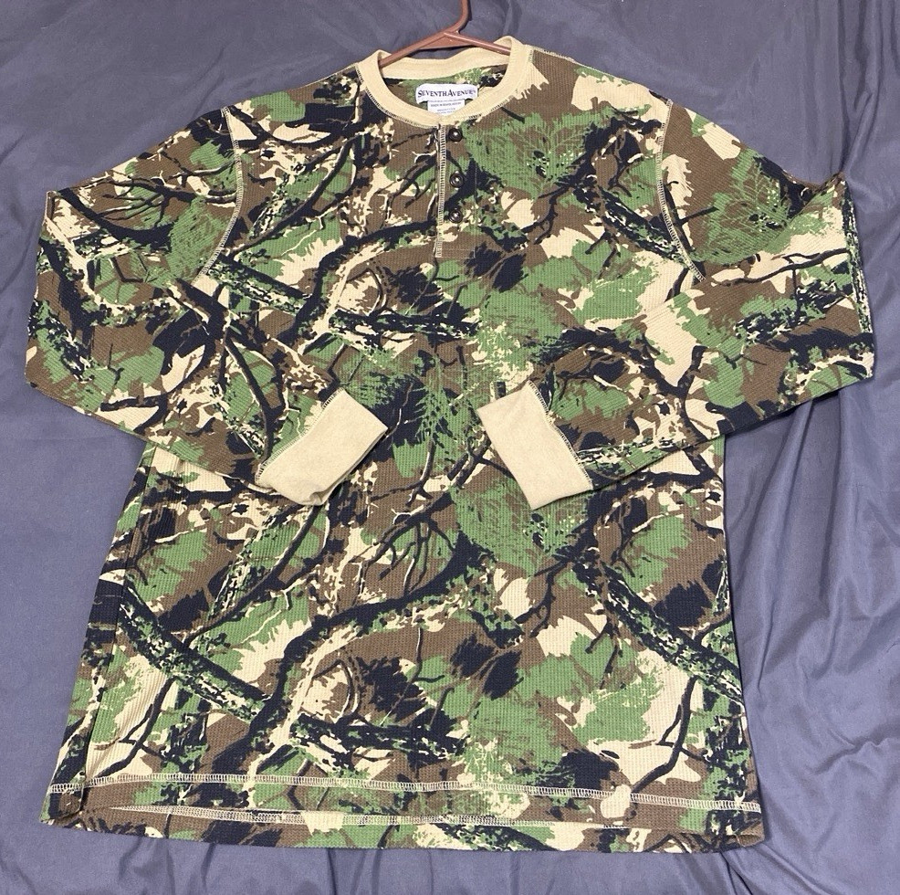 Seventh Avenue Men’s Camouflage Henley Long Sleeve Cotton Blend Knit Tee L