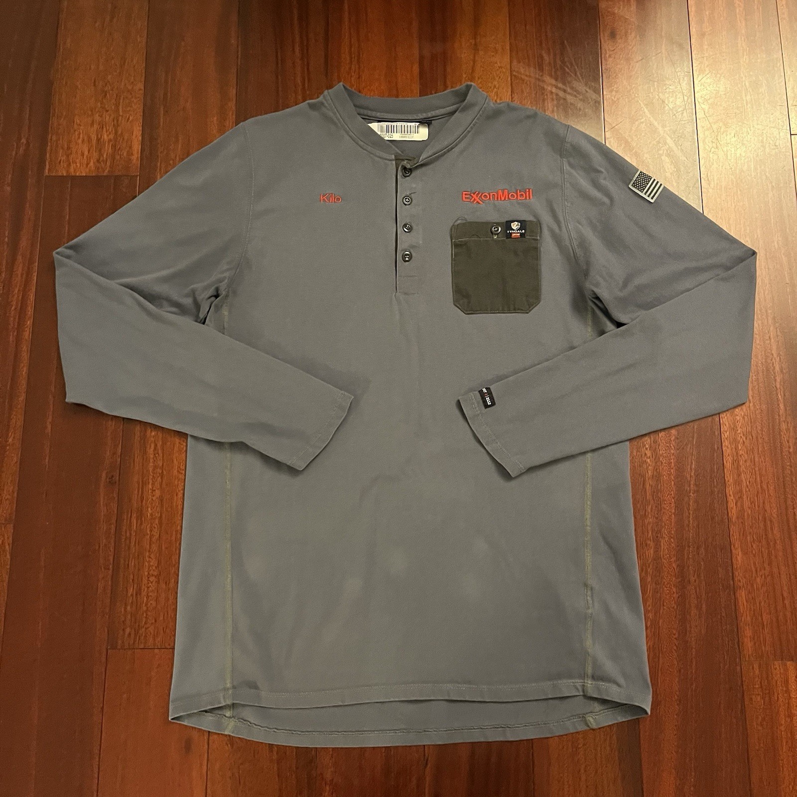 Tyndale FR Shirt Large Henley Blue Fire Resistant Work Button Long Sleeve Exxon