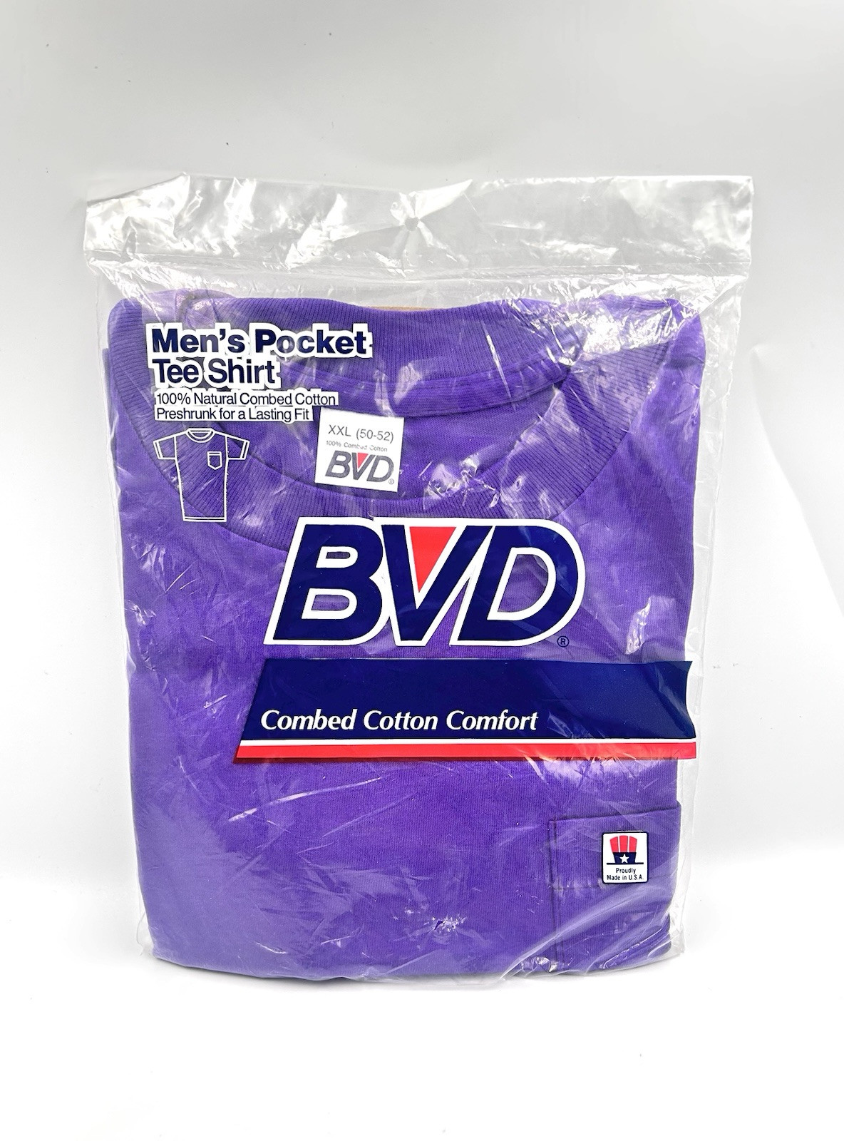 Vintage 1980’s BVD Mens Pocket Tee T-Shirt Purple Preshrunk Cotton 2XL Made USA