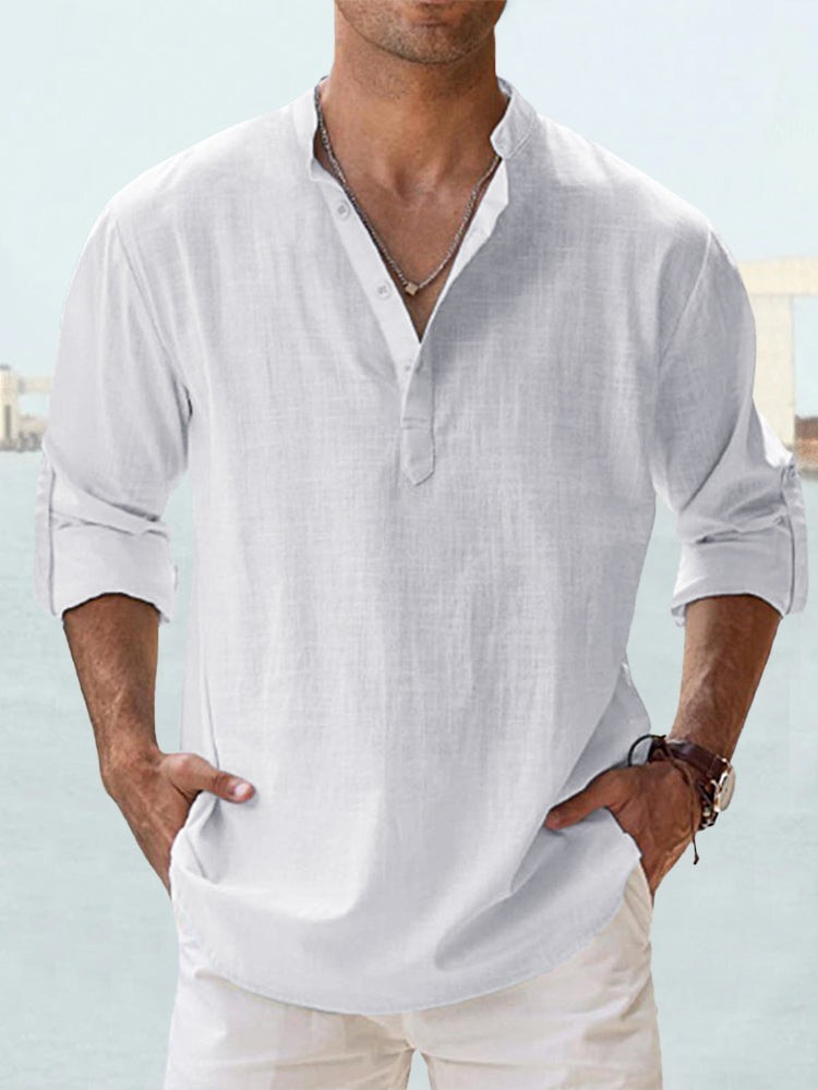 Men’s Casual Henley Shirt Long Sleeve Linen Cotton Loose Fit Summer T-Shirt