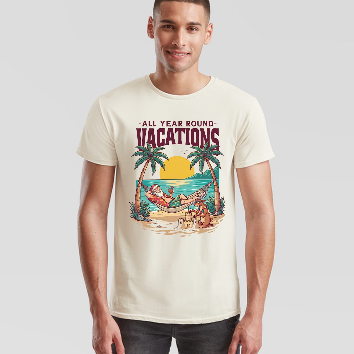 All Year Round Vacations Christmas Santa Reindeer Beach Graphic Unisex Tee