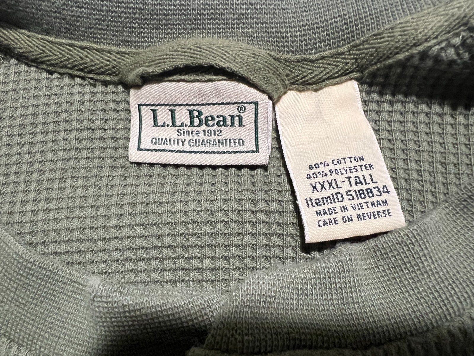 LL Bean Thermal Henley Shirt Mens 3XLT Green Chunky Waffle Knit Y2K Big & Tall