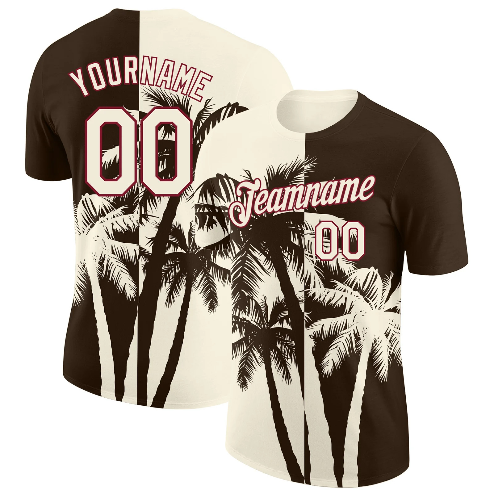 Custom Brown Cream Crimson Hawaii Palm Tree T-Shirt Tropical Summer Beach Tee