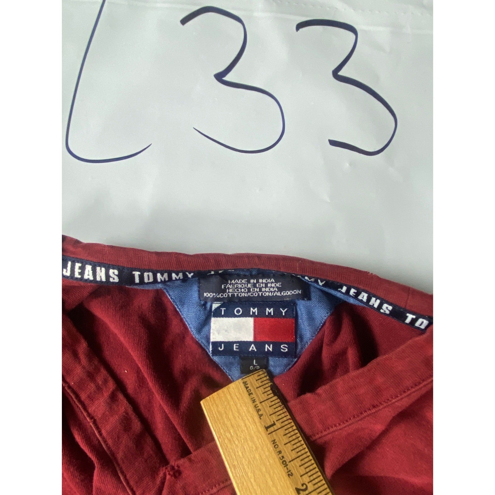 Vintage Tommy Jeans Mens Large Red V Neck Pocket T Shirt Flag Logo 90s