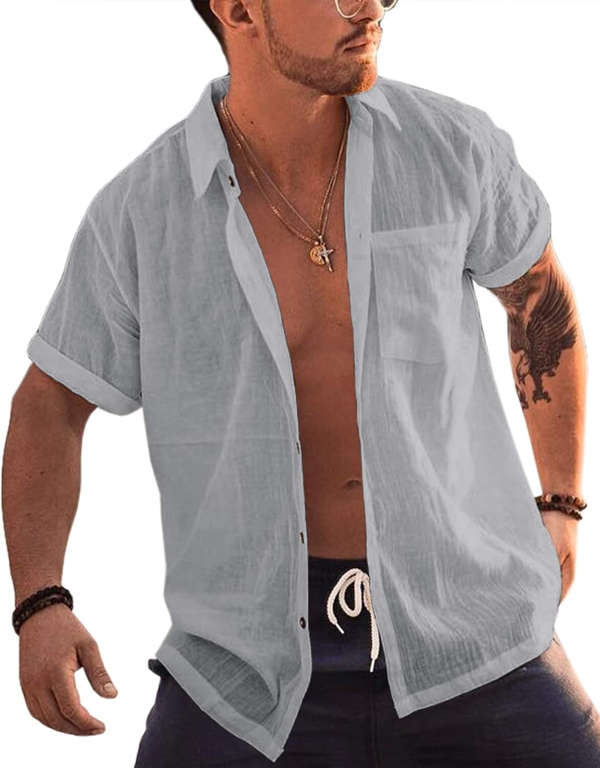 Men’s Short Sleeve Button-Up Linen Cotton Beach Shirt – Spread Collar Tops