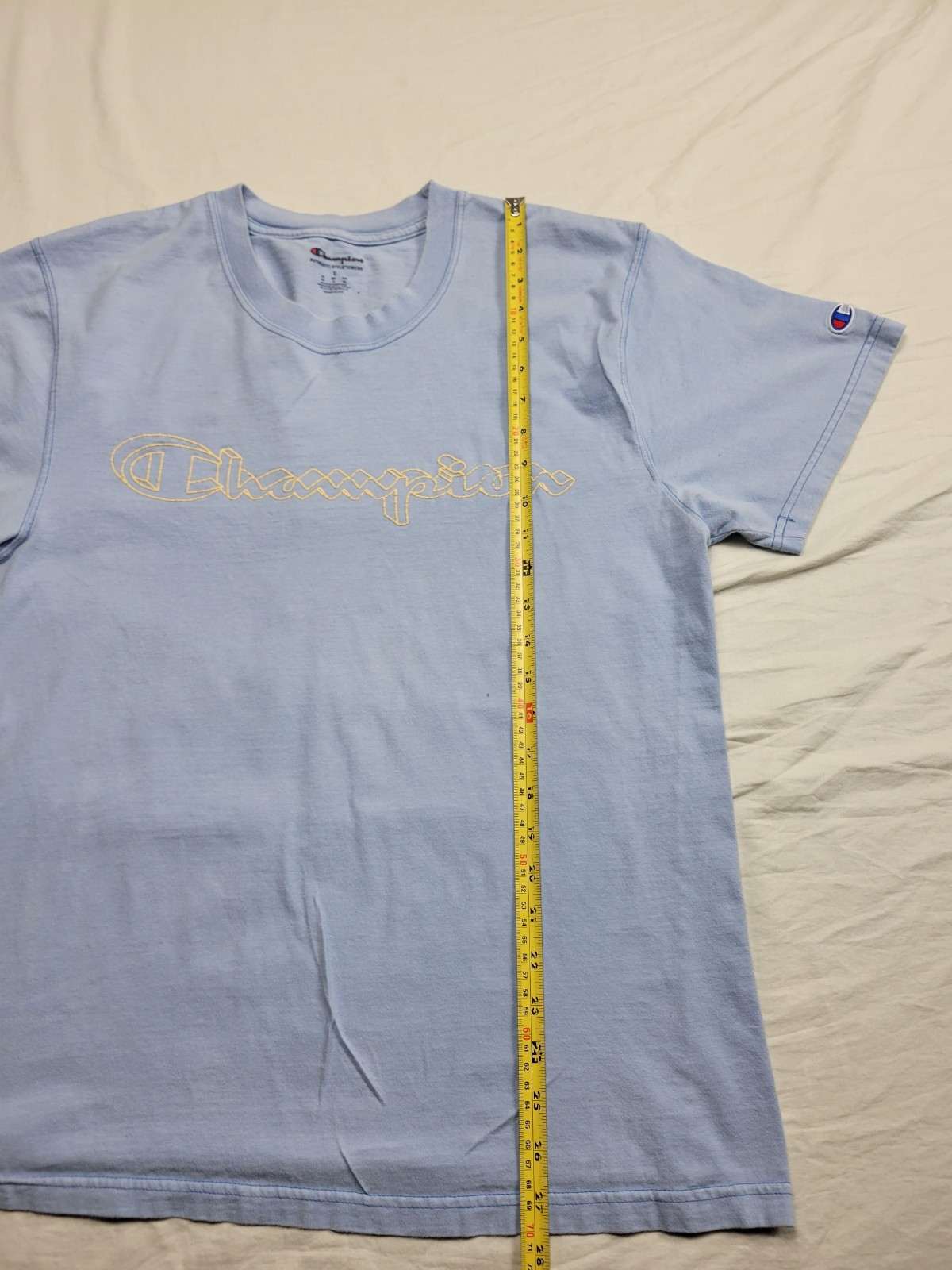 Champion Script Logo T-Shirt Size Large Blue Short Sleeve Graphic