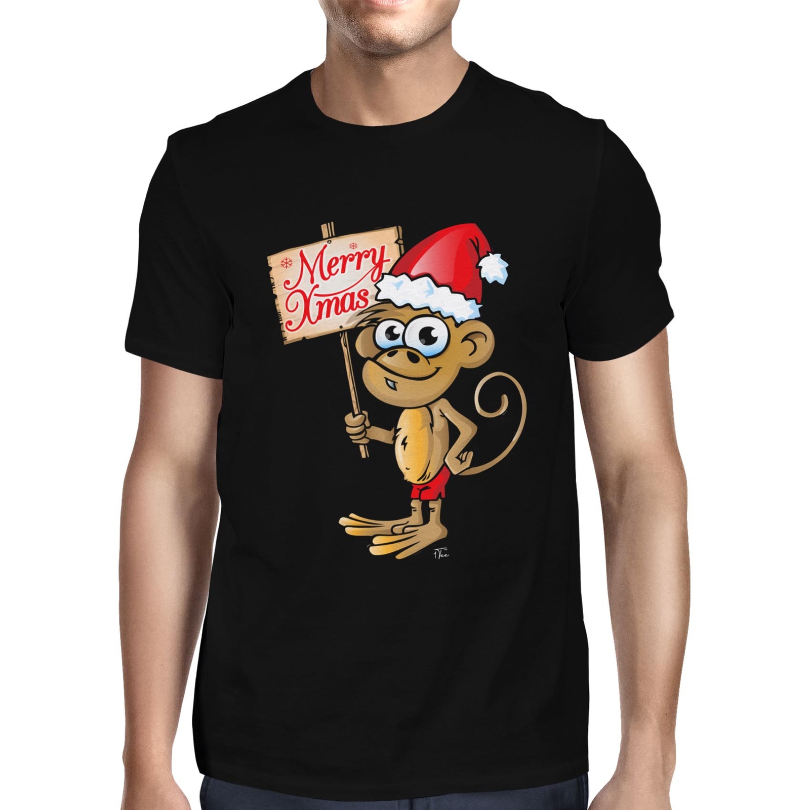 1Tee Mens Christmas Cheeky Monkey with Santa Hat T-Shirt