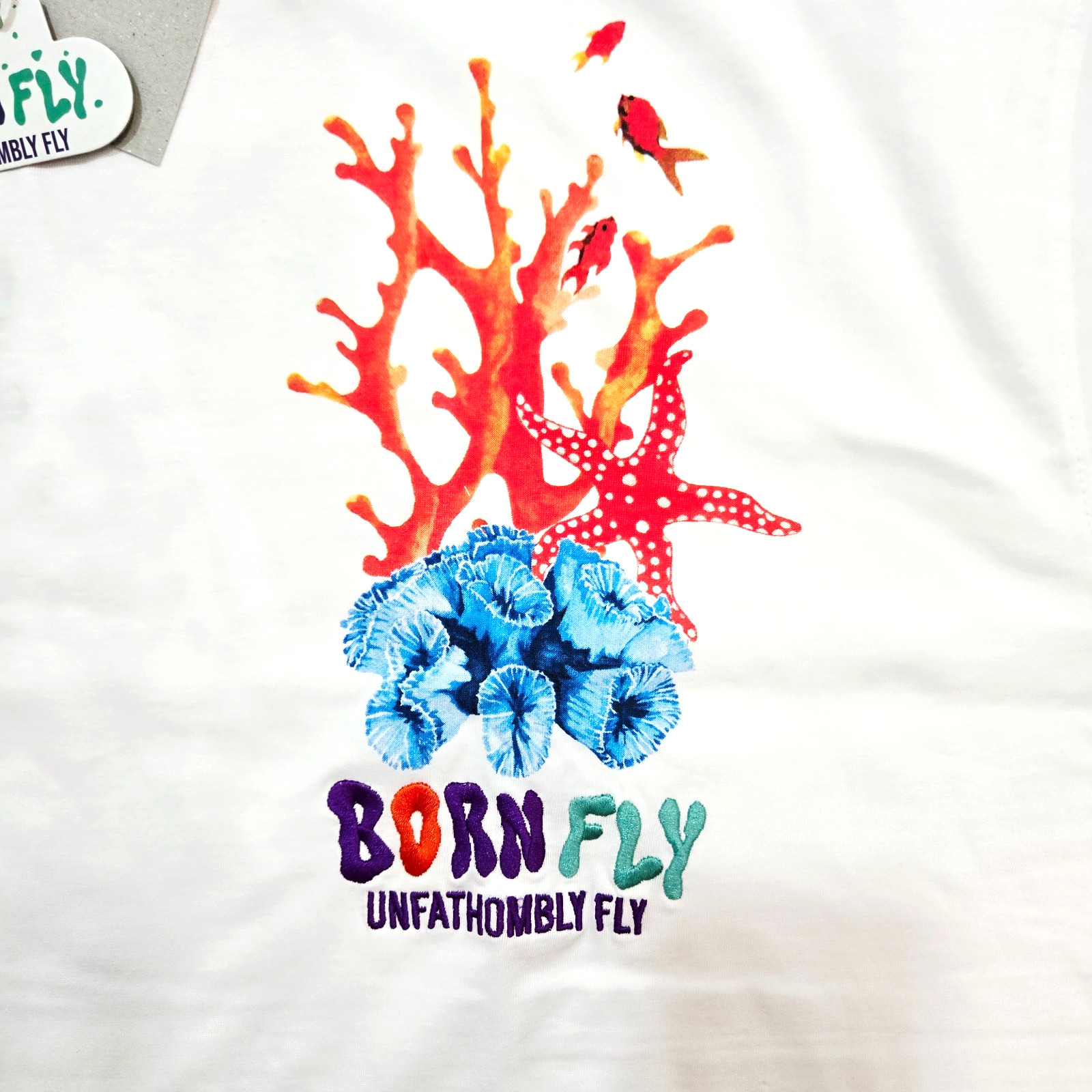 Born Fly Men’s Big & Tall T-Shirt White Teal Multi Color Design Graphic 5XL