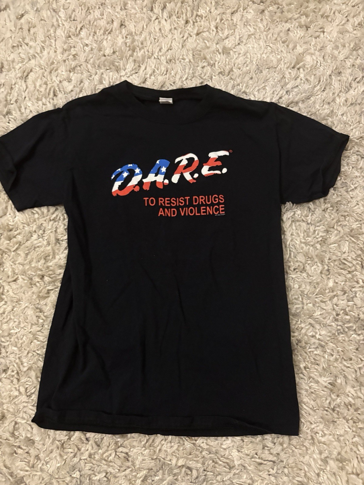 DARE Program Graphic T-Shirt Black Fruit of the Loom Sz S 100% Cotton USA Flag
