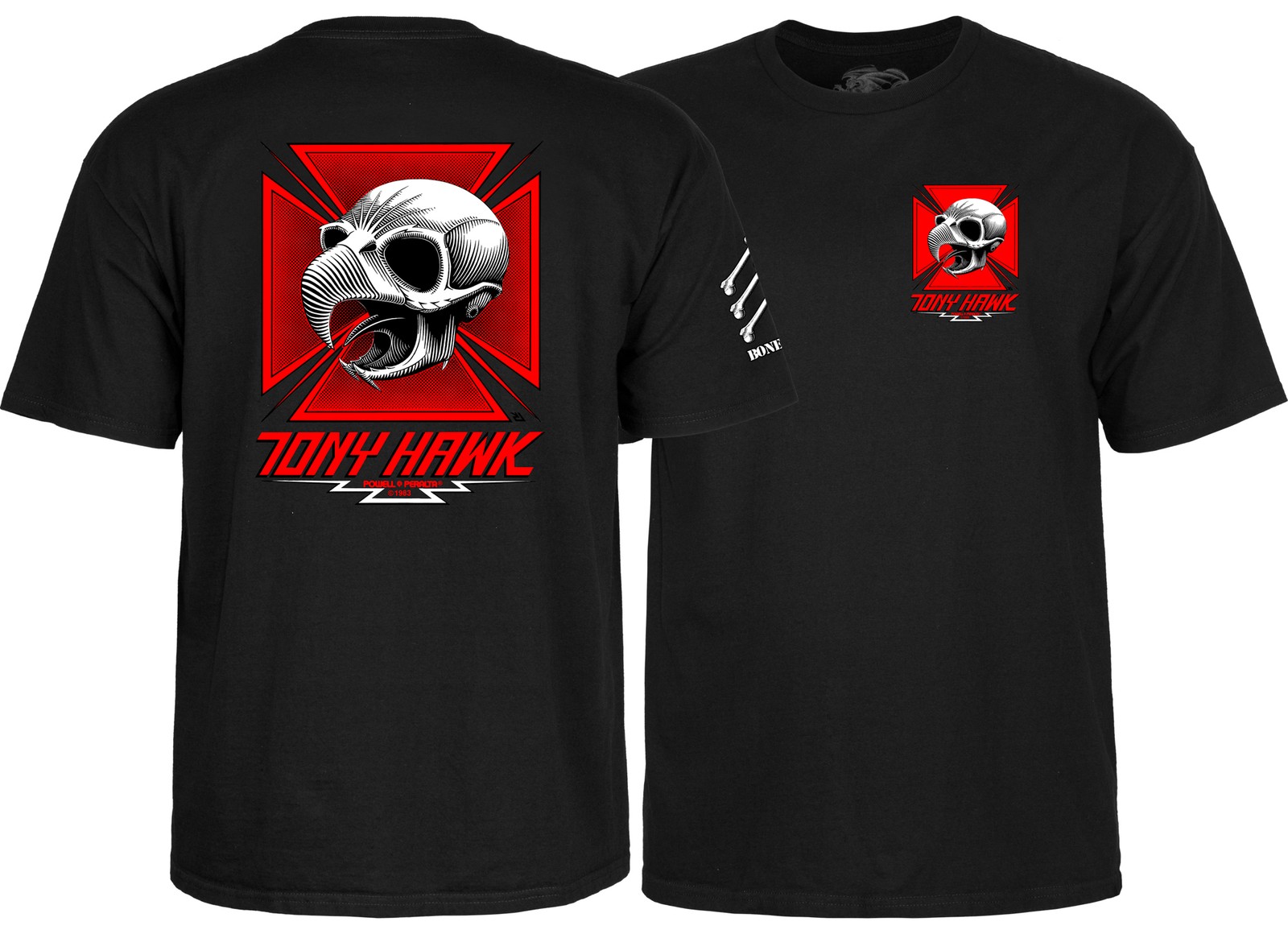 Powell Peralta BONES BRIGADE Tony Hawk CHICKEN SKULL Skateboard T Shirt BLACK