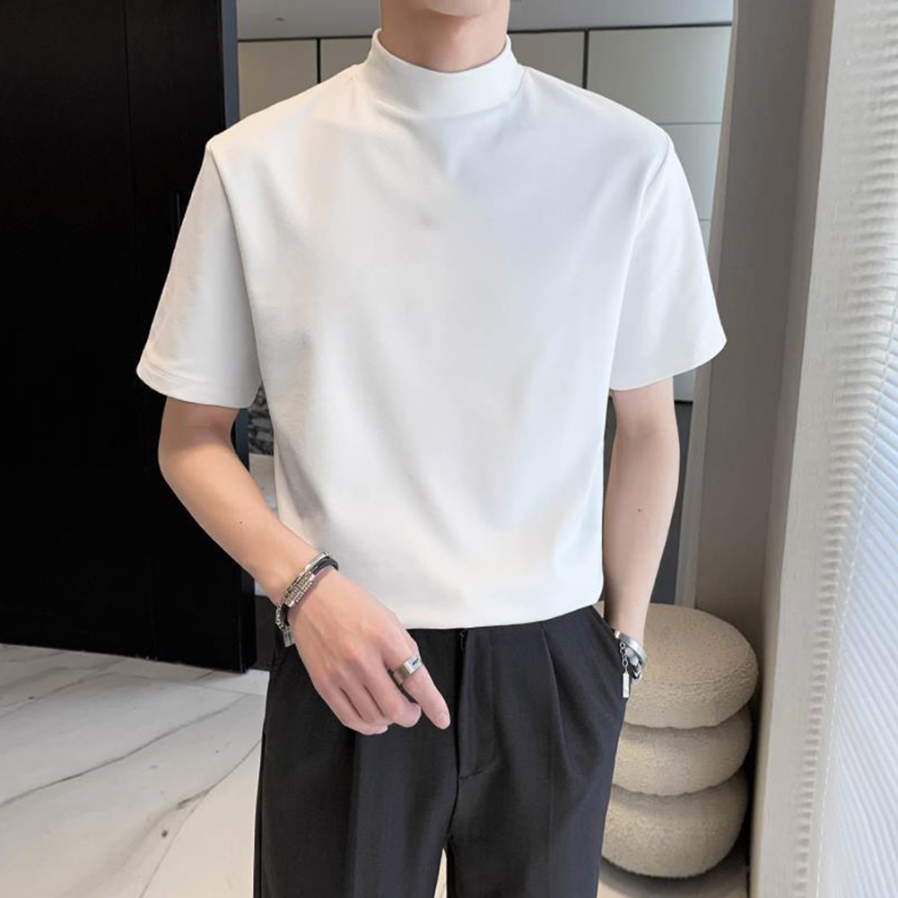 Short Sleeve Pullover Tops for Men with Elastic Half Turtleneck Design