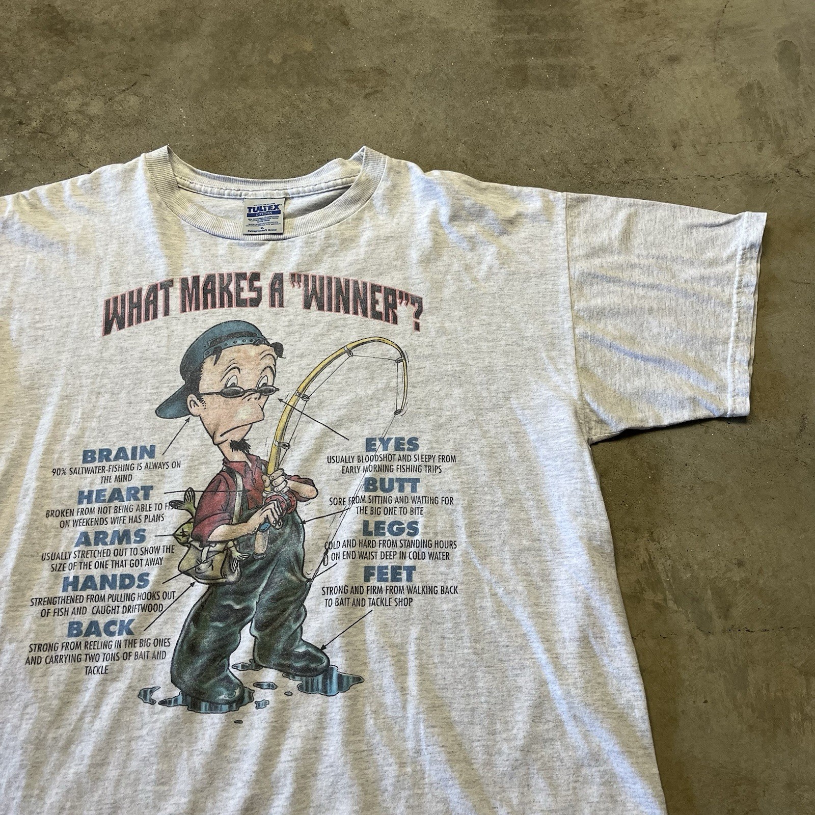 Vintage Tultex Fishing Cartoon T Shirt Mens XL Gray Funny Dad Joke Winner 90s